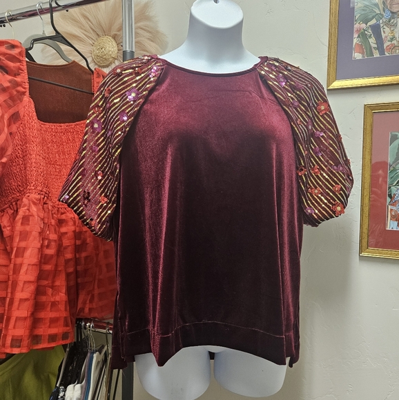 Umgee Tops - Umgee velvet Top With Sequin Sleeves - Maroon - XL